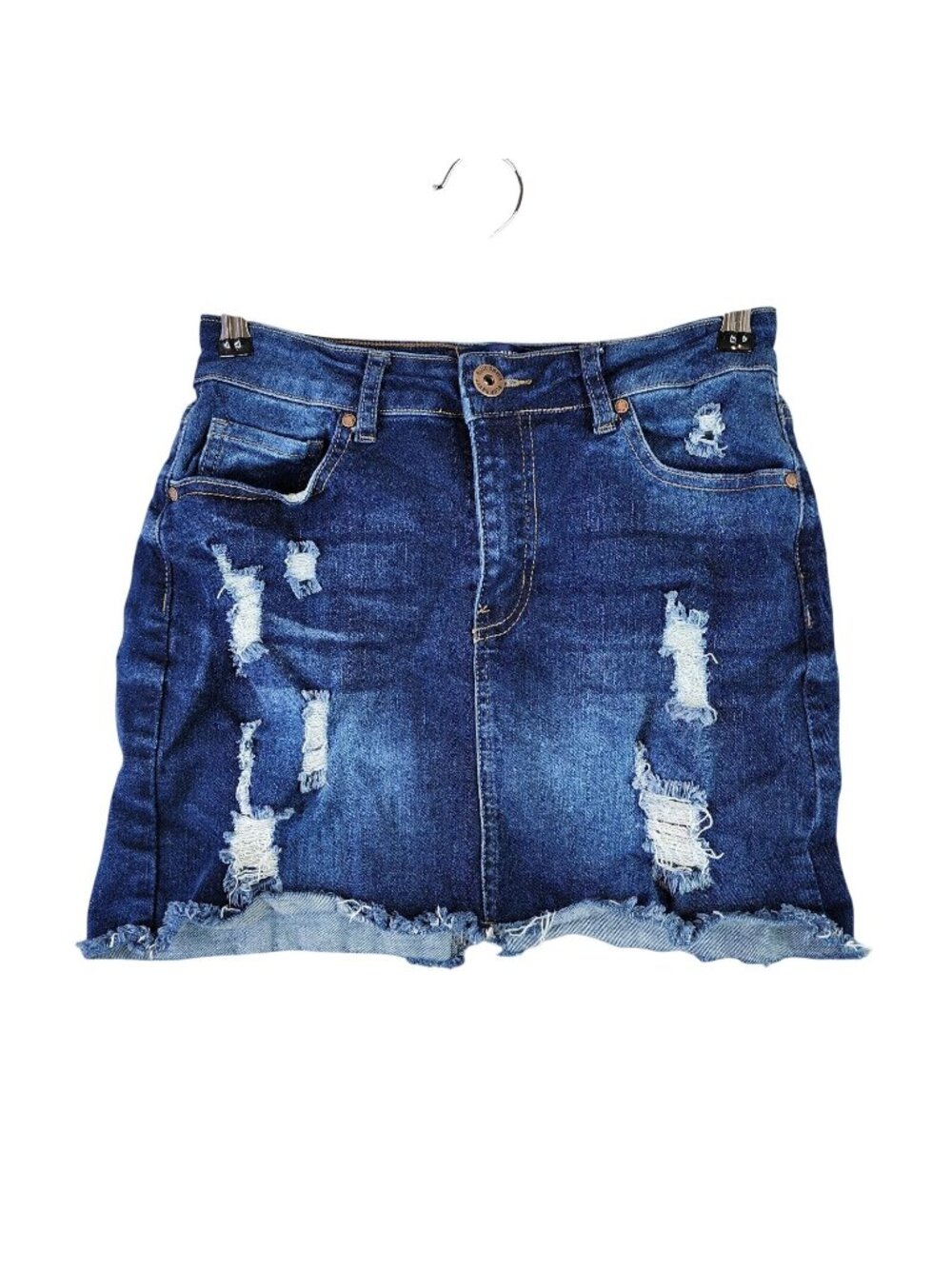 Womens Blue Savvy Denim Mini Skirt Distressed Cut Off Hem Cotton Blend Size L